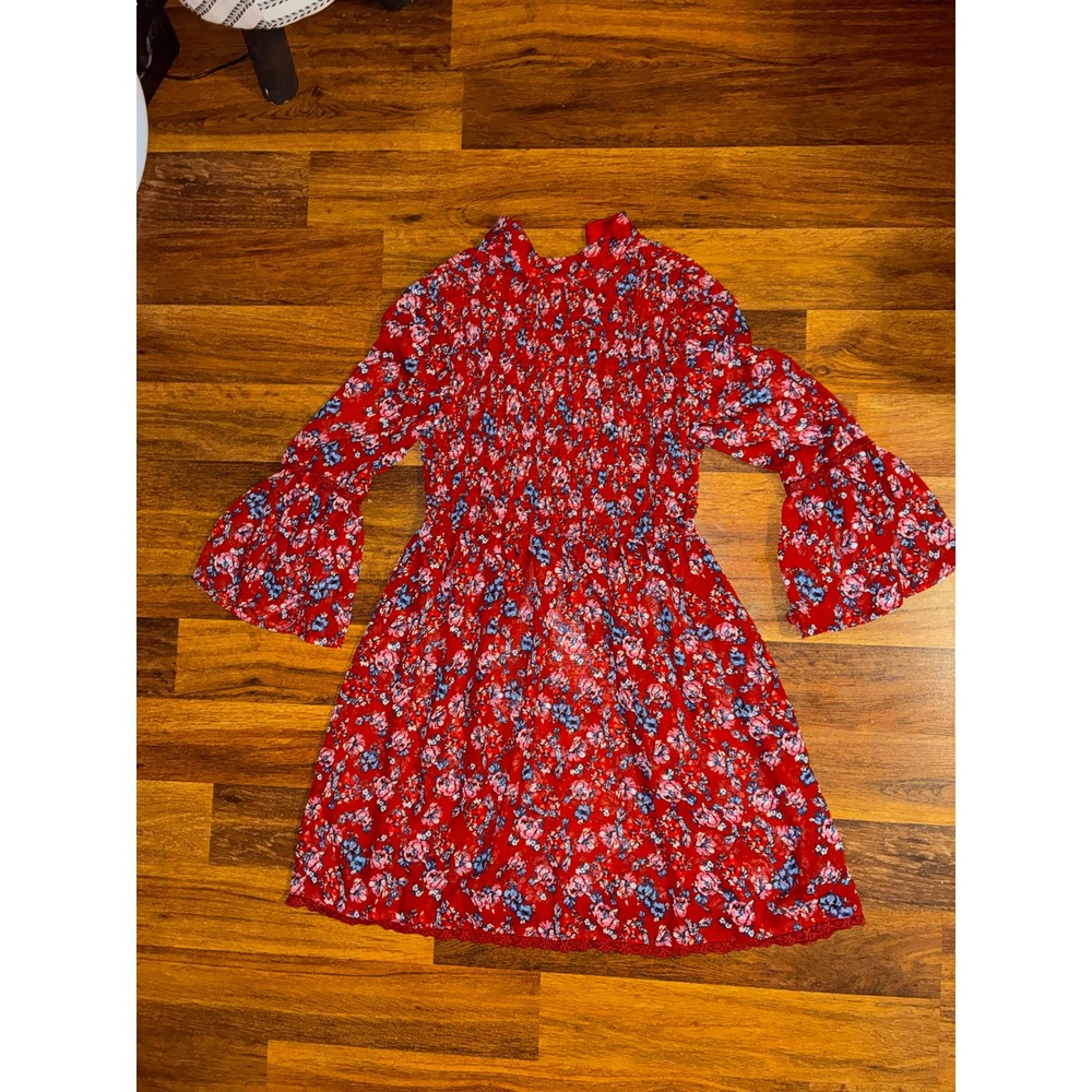 City Triangles Red Floral Smocked Mini Dress High Neck Bell Sleeve Lace Up Boho